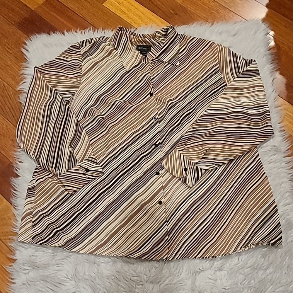 Lane Bryant womens tan, brown and black stripped sheer button‎ down blouse